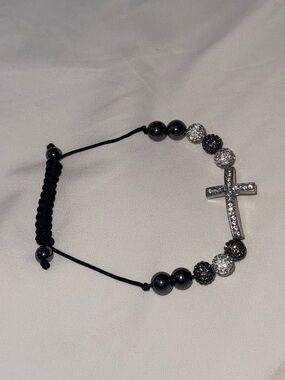 Adjustable Black Beaded Bracelet with Silver Cross Charm